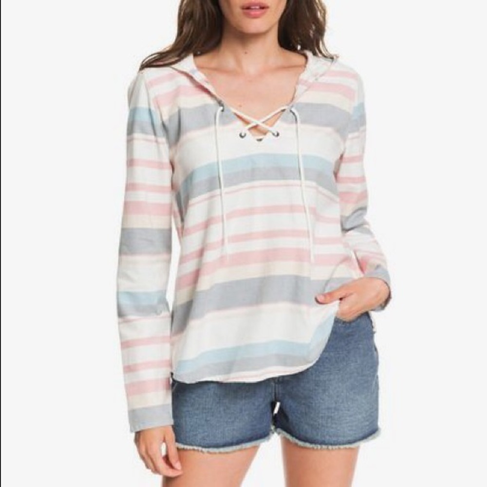 Roxy Hooded Long Sleeve Striped Poncho Shirt
